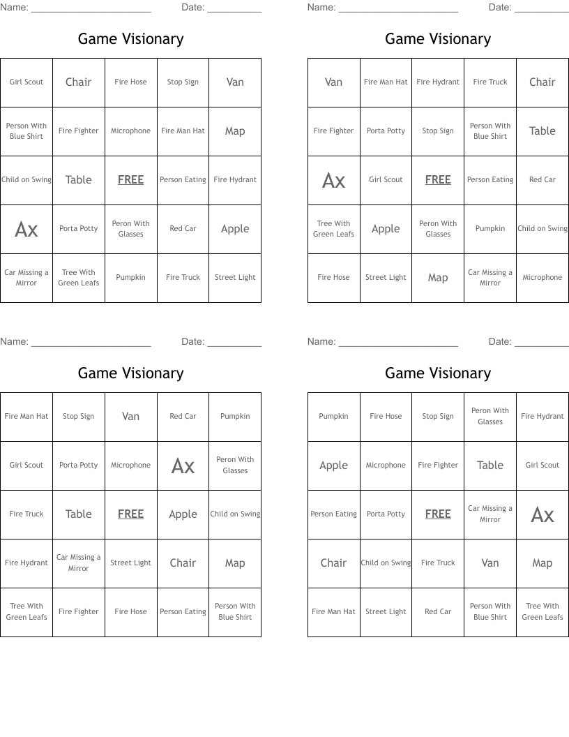 Game Visionary Bingo Cards