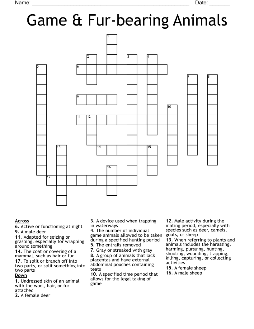 Game & Fur-bearing Animals Crossword