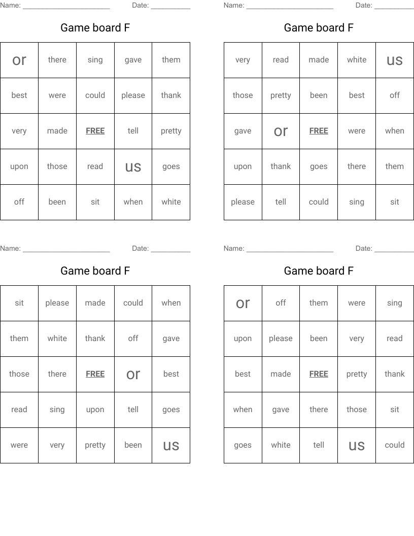 Game board F Bingo Cards