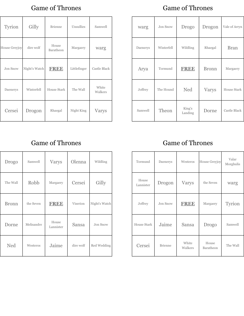Game of Thrones Bingo Cards