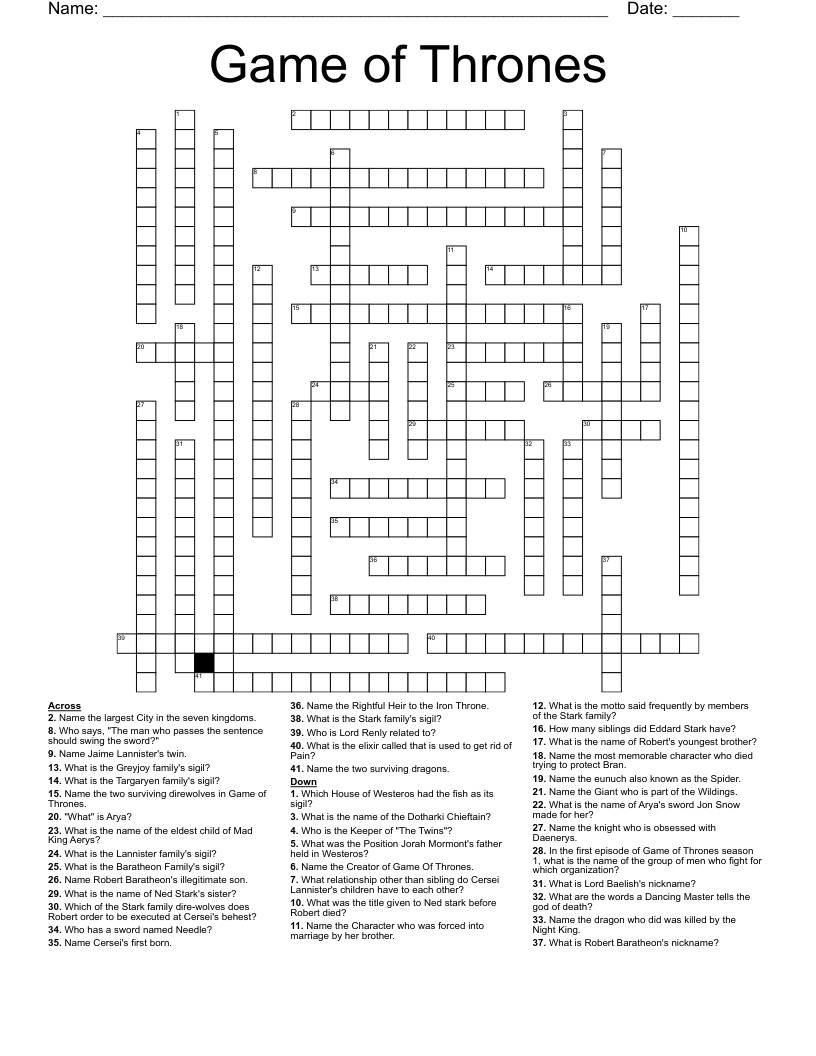 Game of Thrones Crossword