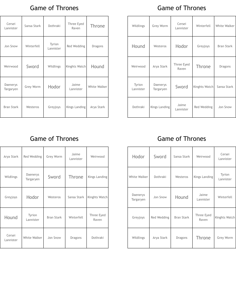 Game of Thrones Bingo Cards