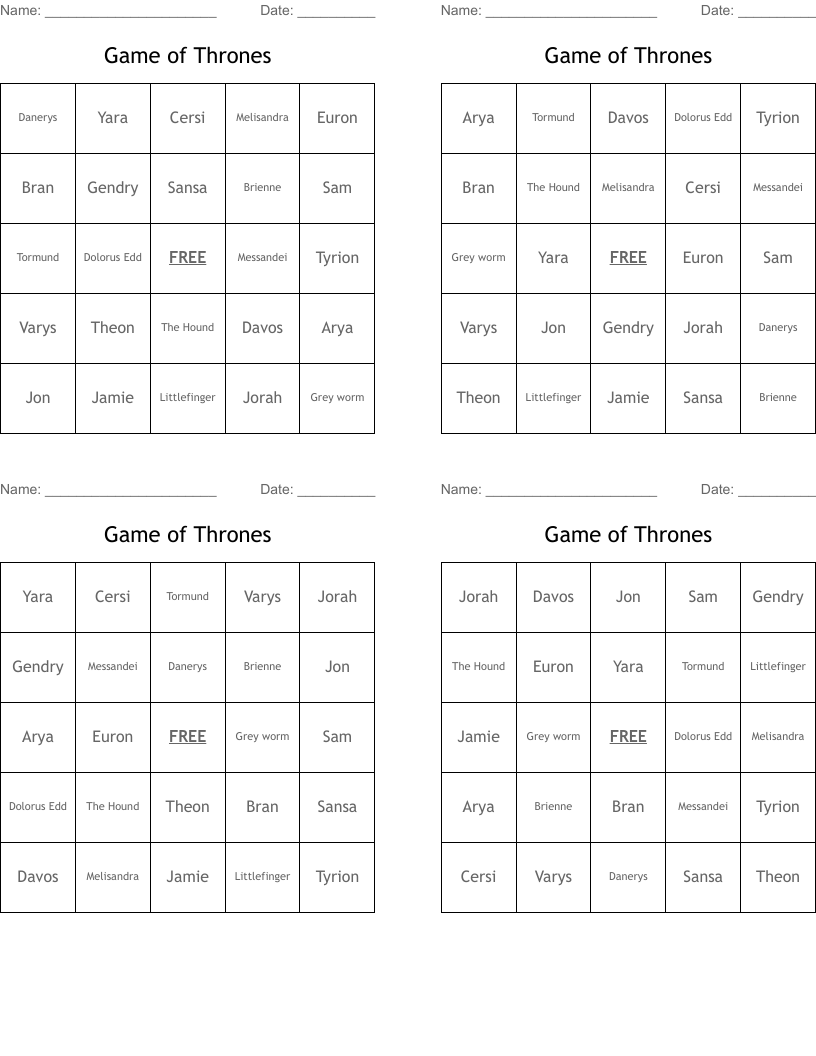 Game of Thrones Bingo Cards