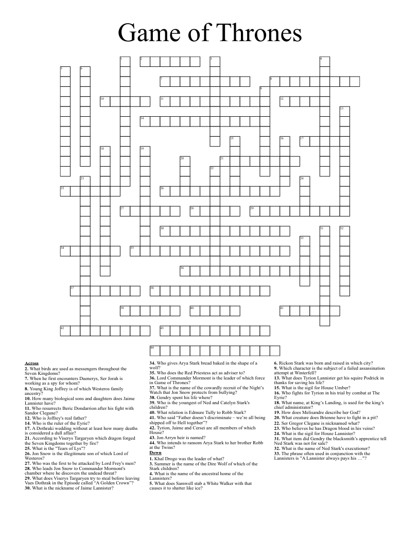 Game of Thrones Crossword
