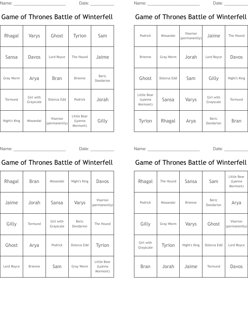 Game of Thrones Battle of Winterfell Bingo Cards