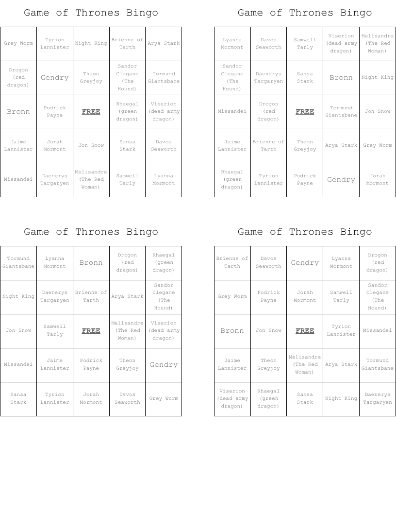 Game of Thrones Bingo
