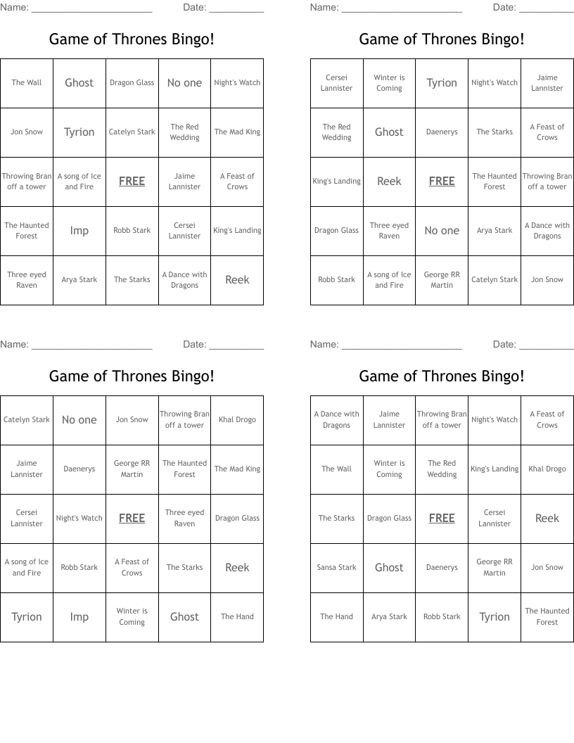 Game of Thrones Bingo!