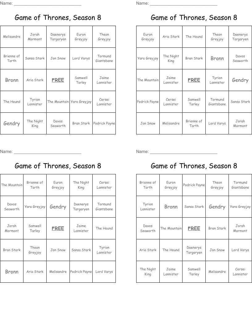 Game of Thrones, Season 8 Bingo Cards