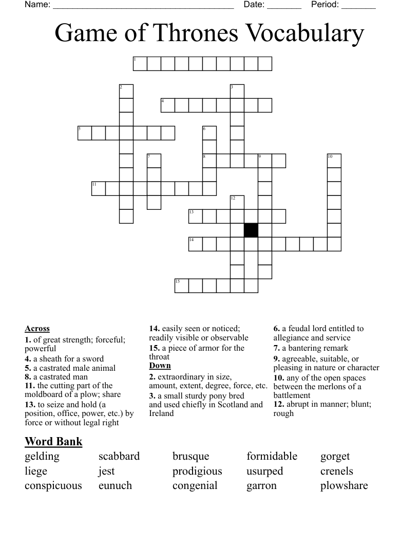 Game of Thrones Vocabulary Crossword