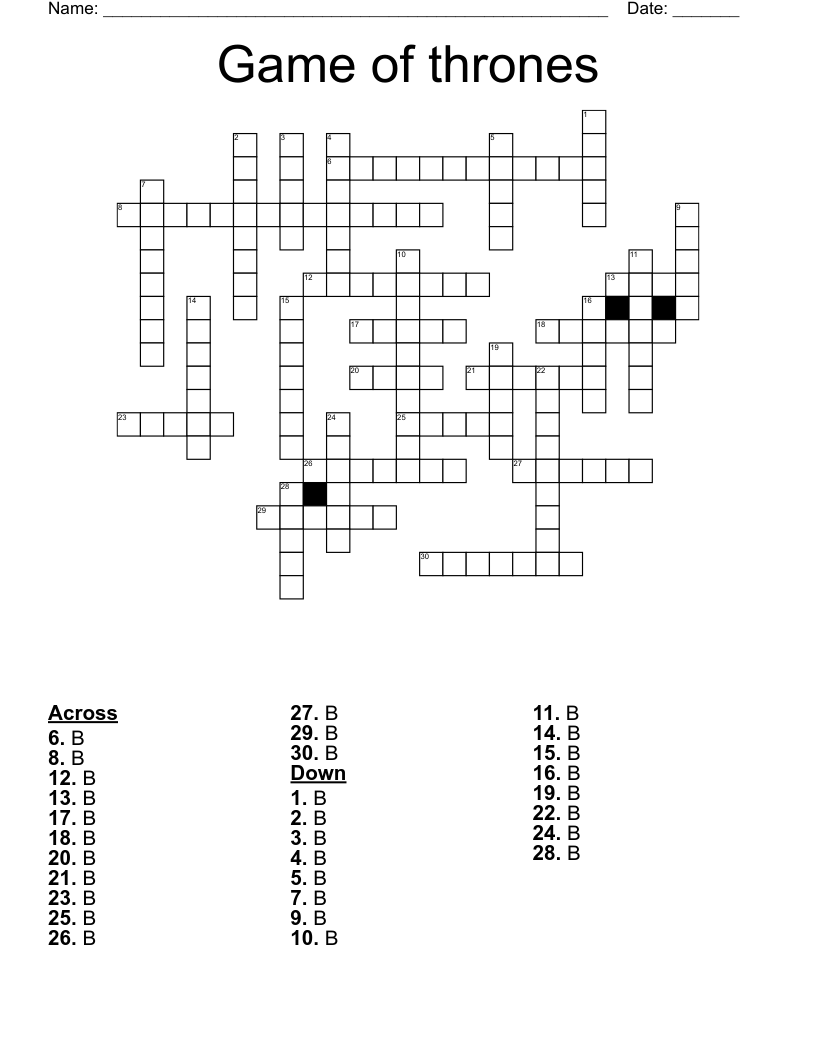 Game of thrones Crossword