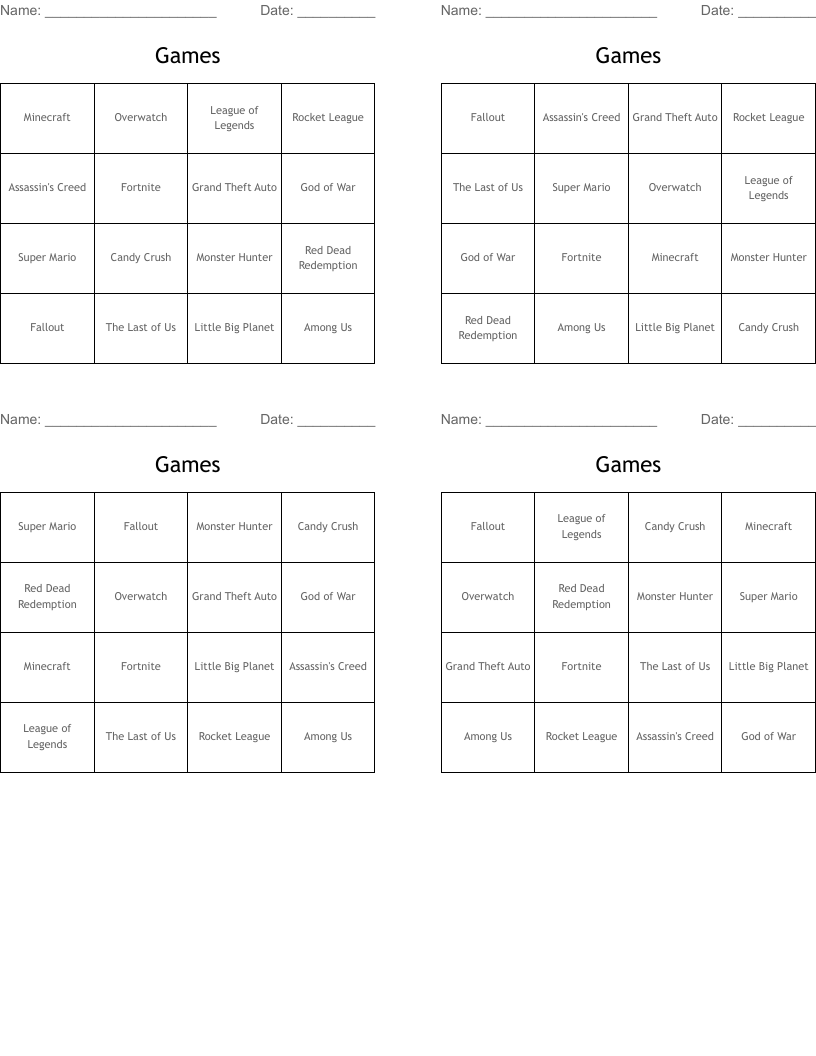 Games Bingo Cards