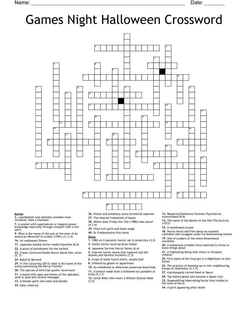 Games Night Halloween Crossword