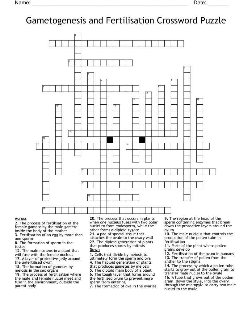 Gametogenesis and Fertilisation Crossword Puzzle