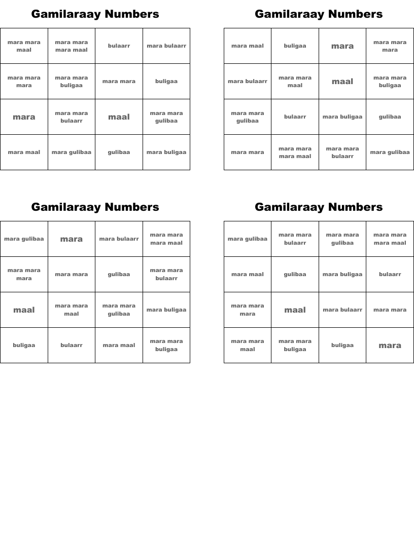 Gamilaraay Numbers Bingo Cards
