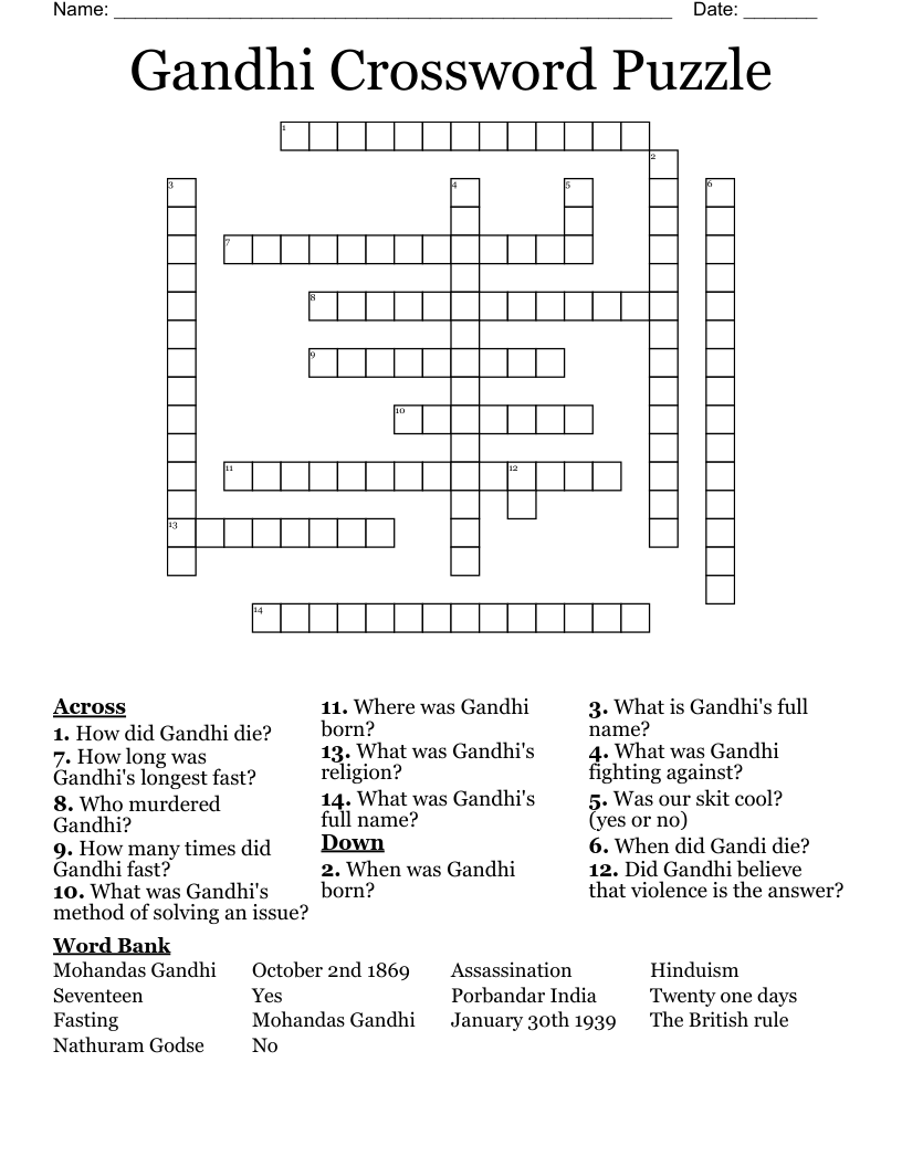 Gandhi Crossword Puzzle