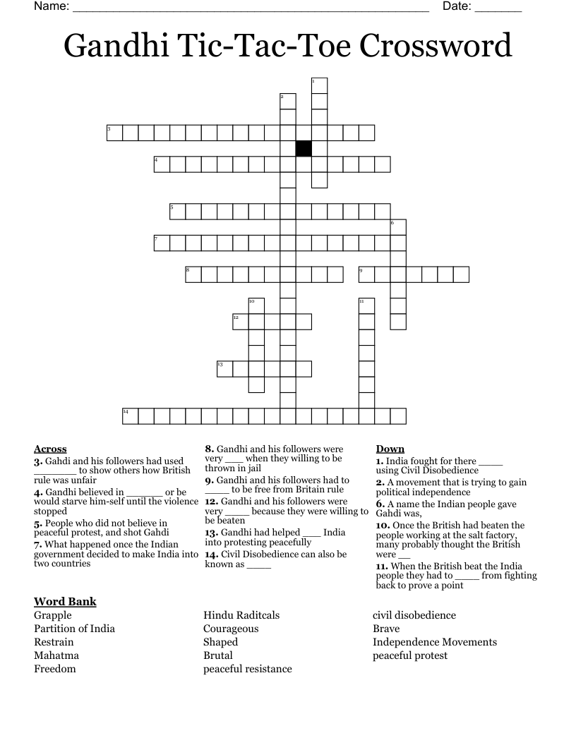 Gandhi Tic-Tac-Toe Crossword 