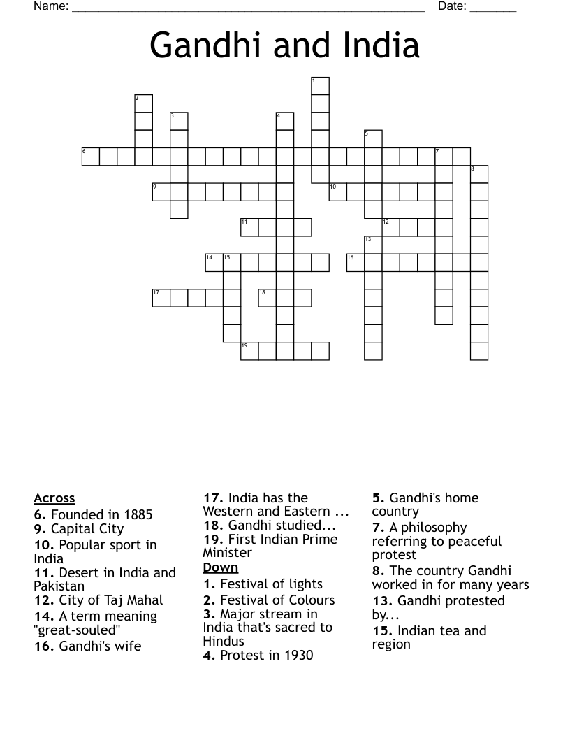Gandhi and India Crossword