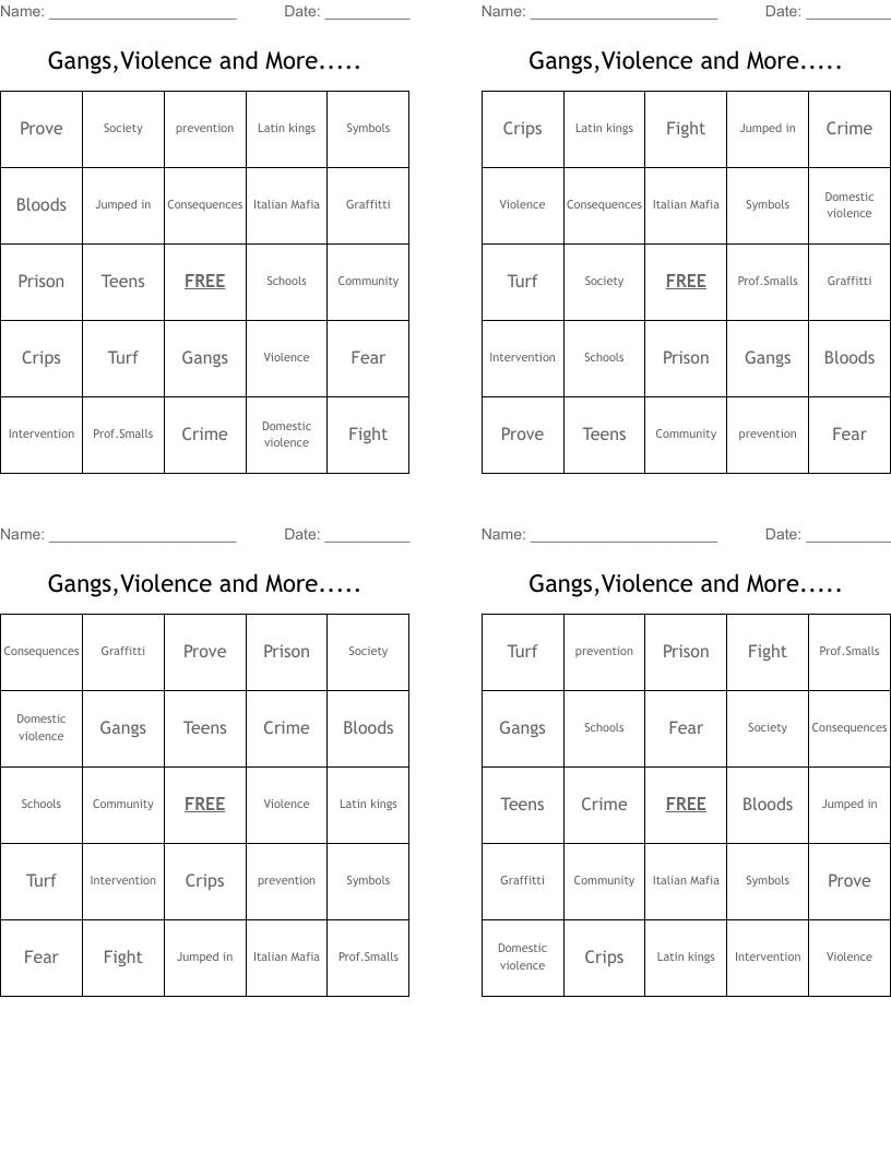 Gangs,Violence and More..... Bingo Cards
