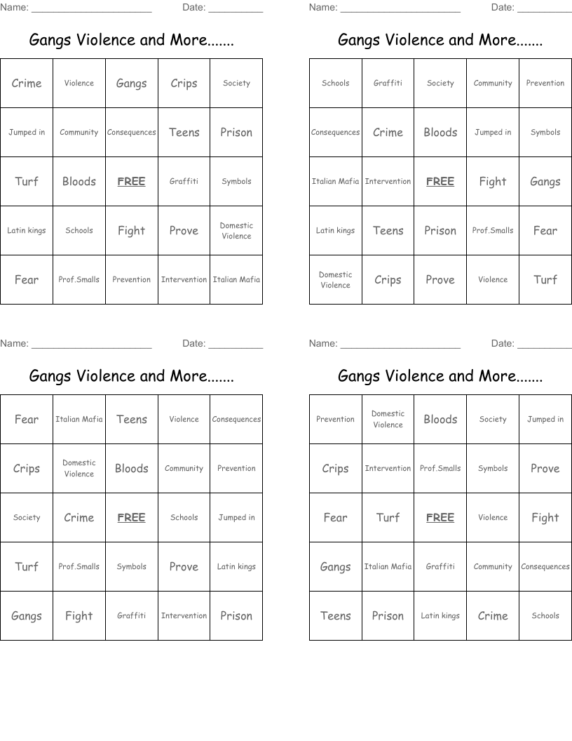 Gangs Violence and More....... Bingo Cards
