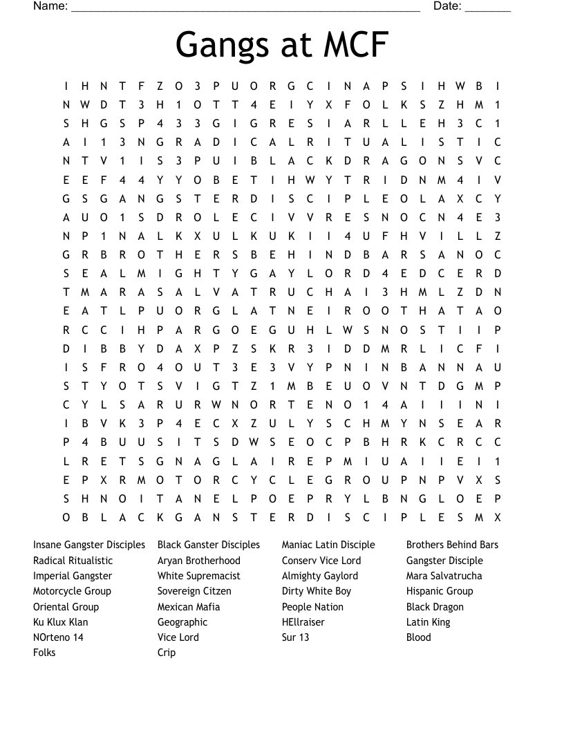 Gangs at MCF Word Search