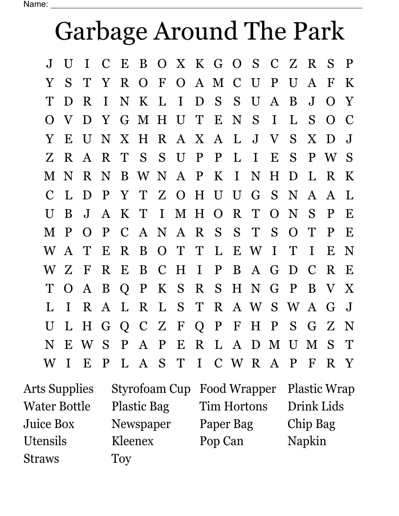 Garbage Around The Park  Word Search