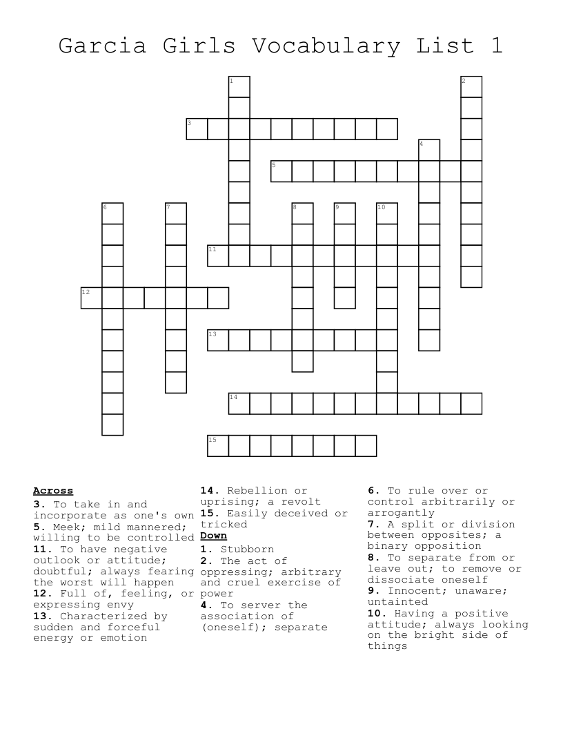 Garcia Girls Vocabulary List 1 Crossword