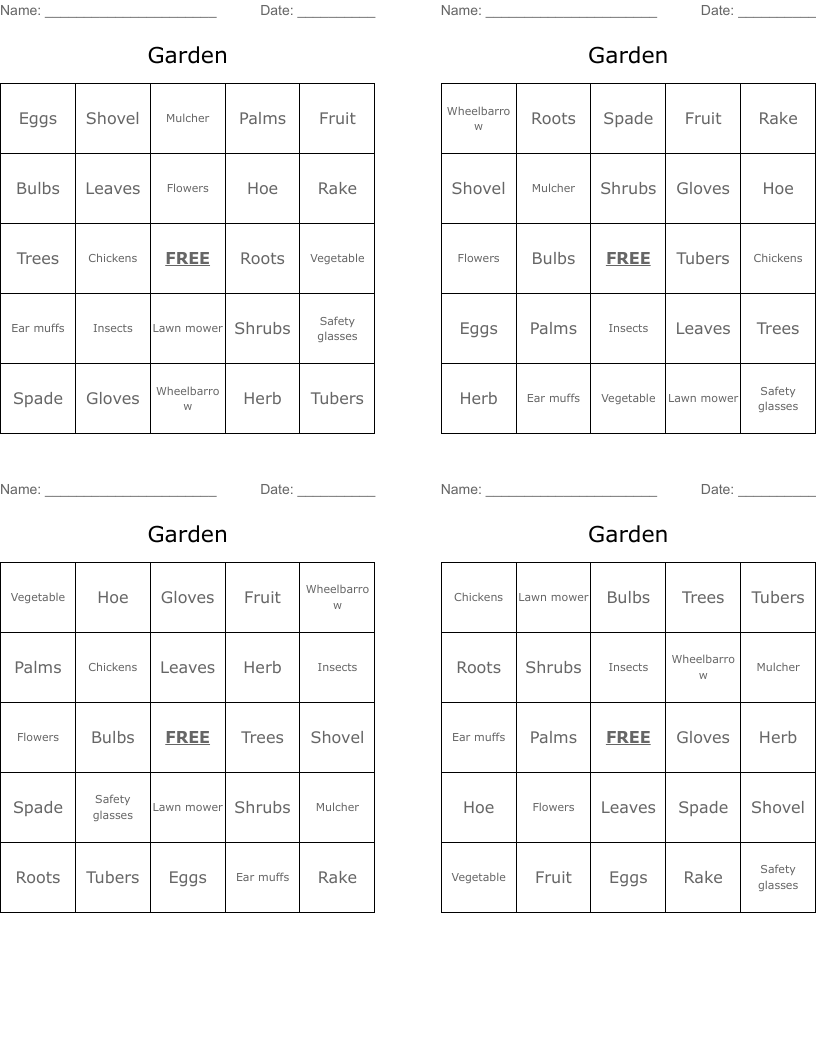 Garden Bingo Cards