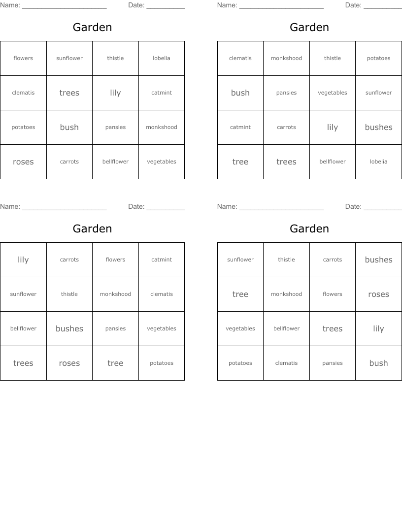 Garden Bingo Cards