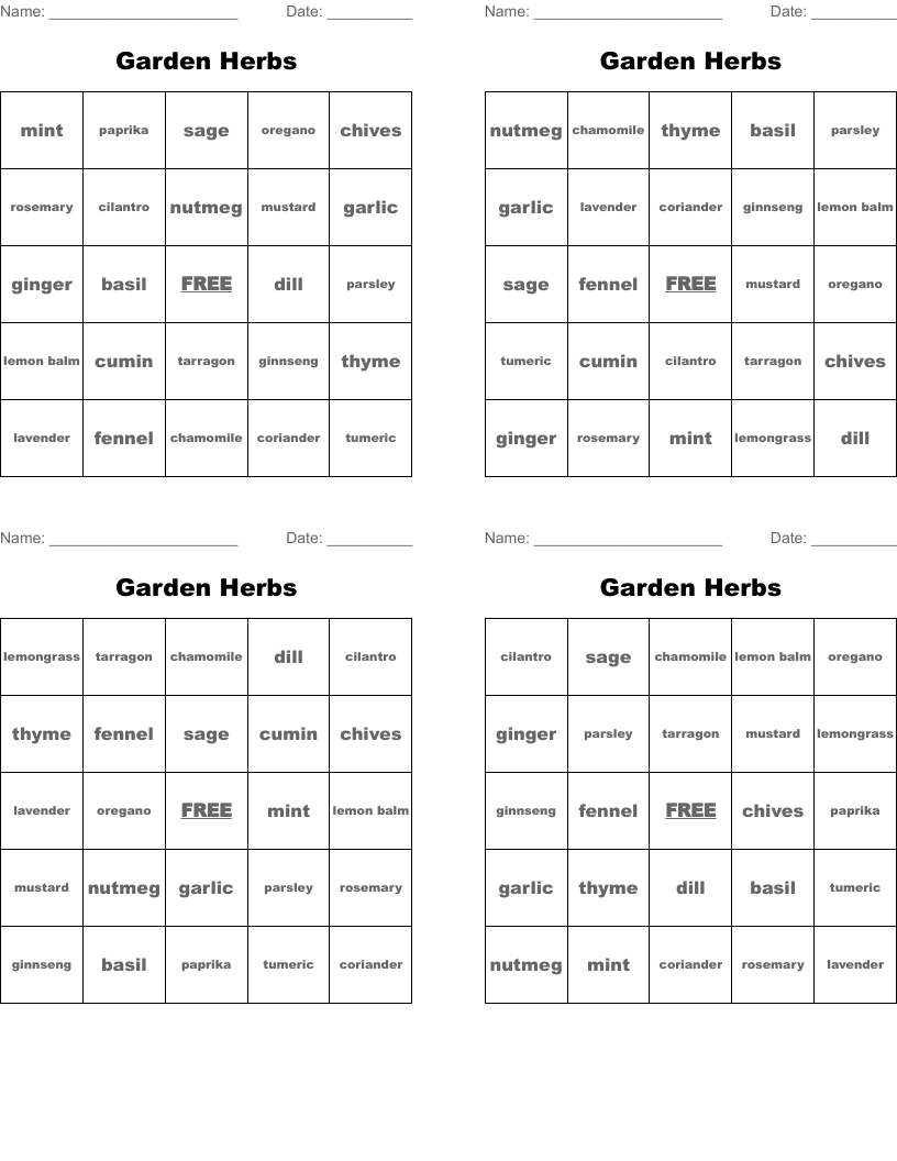 Garden Herbs Bingo Cards