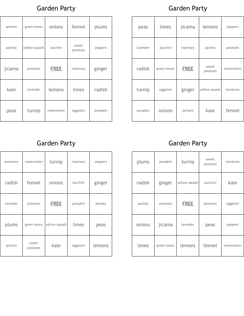 Garden Party Bingo Cards