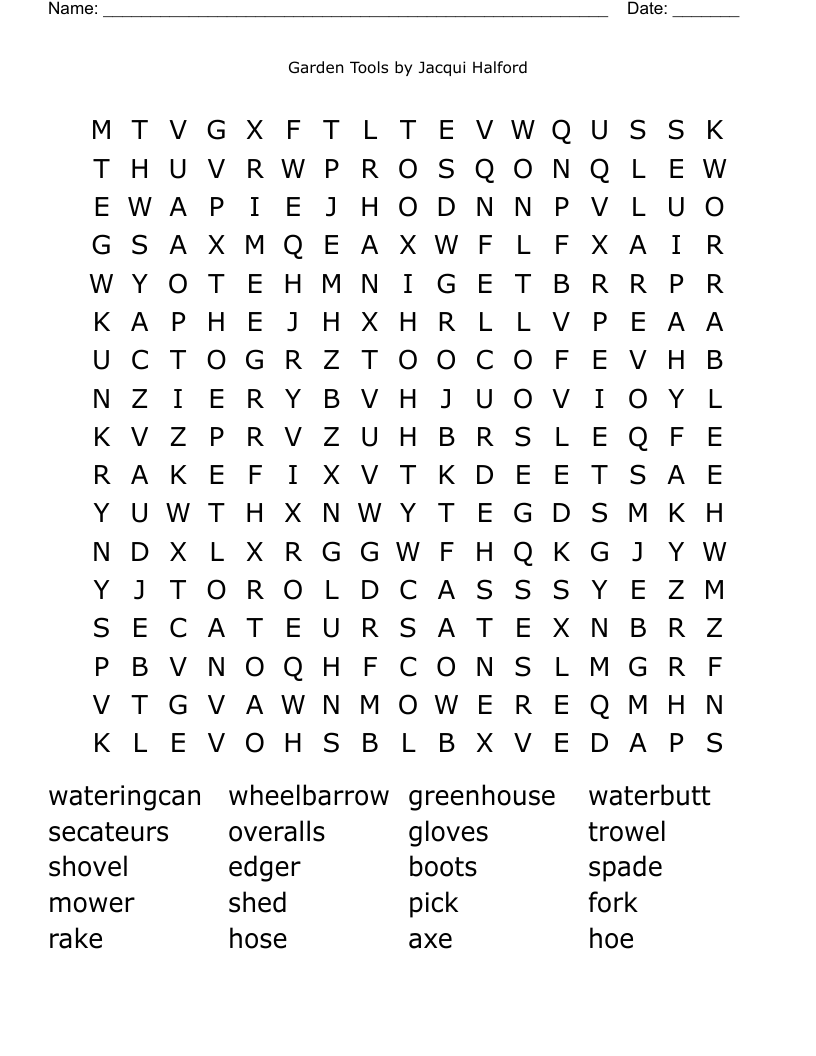 Garden Tools                                                                            by Jacqui Halford Word Search