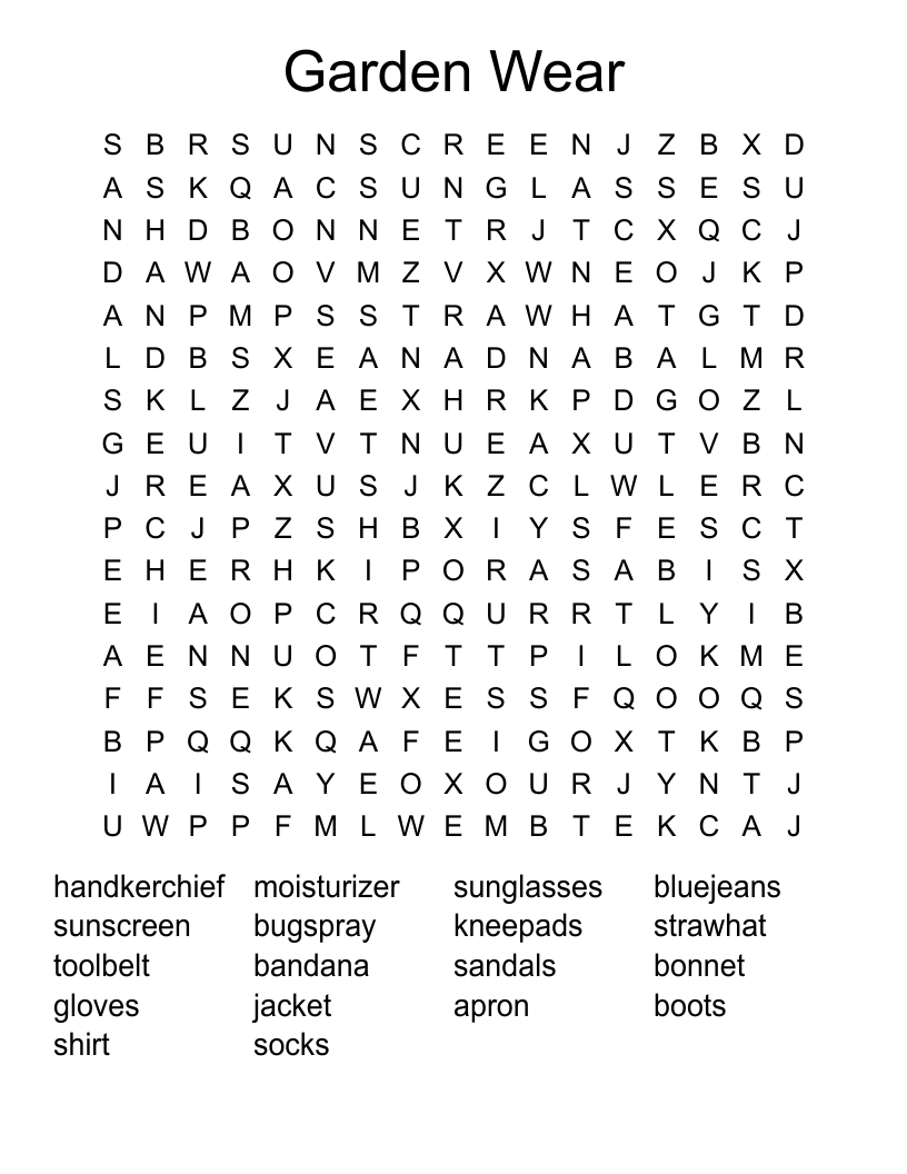 Garden Wear Word Search
