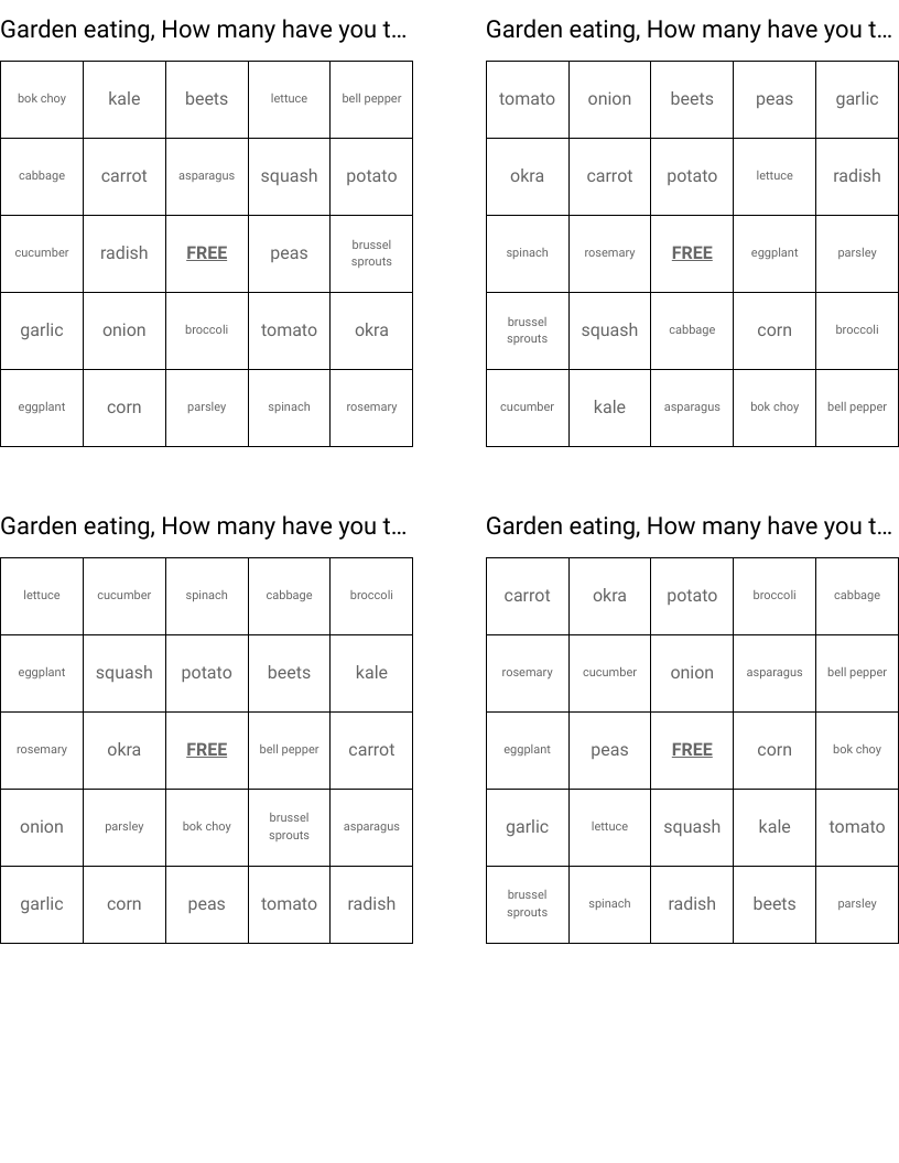 Garden eating, How many have you tried? Bingo Cards