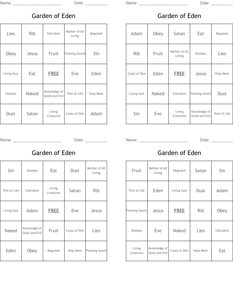 Garden of Eden Bingo Cards