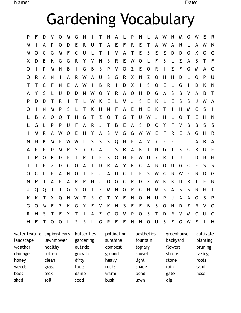 Gardening Vocabulary Word Search