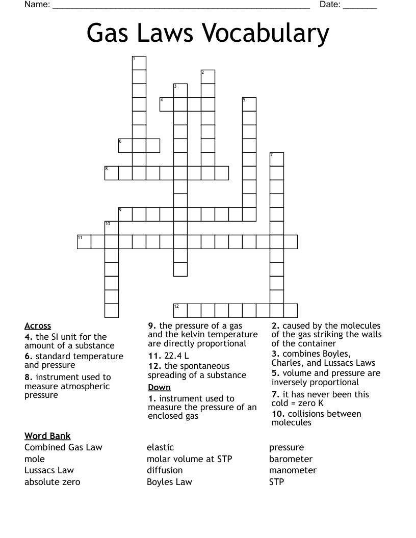 Gas Laws Vocabulary Crossword