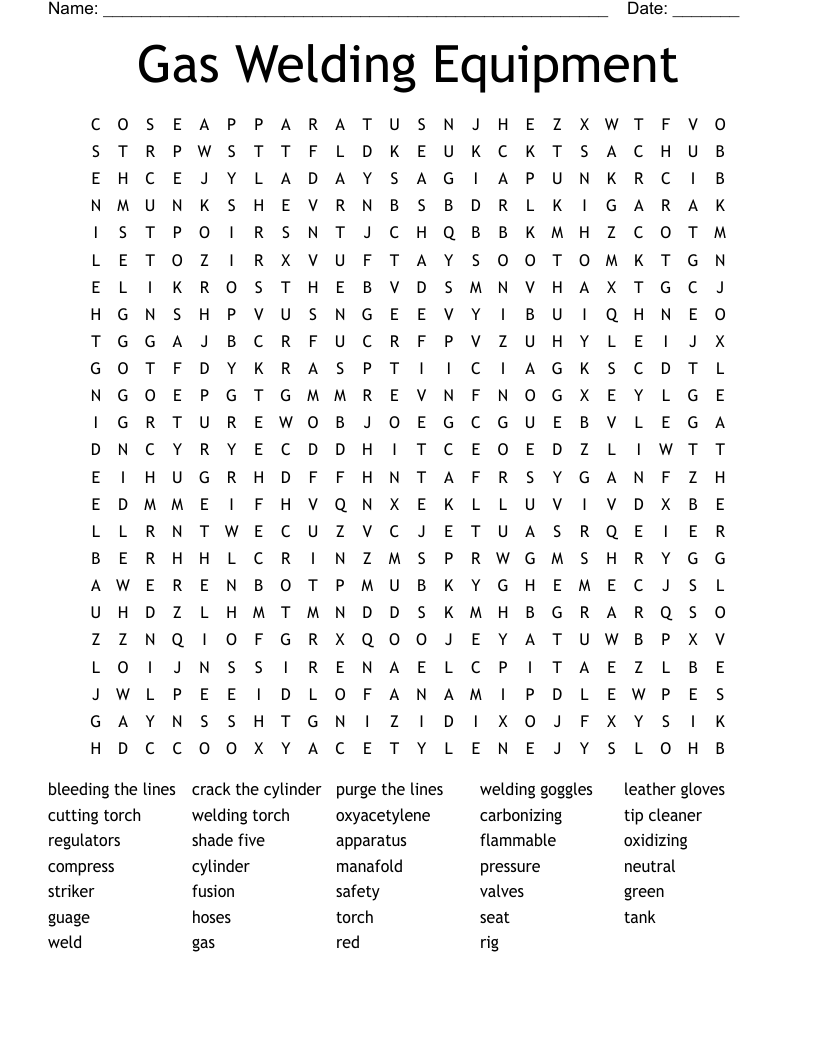 Gas Welding Equipment Word Search