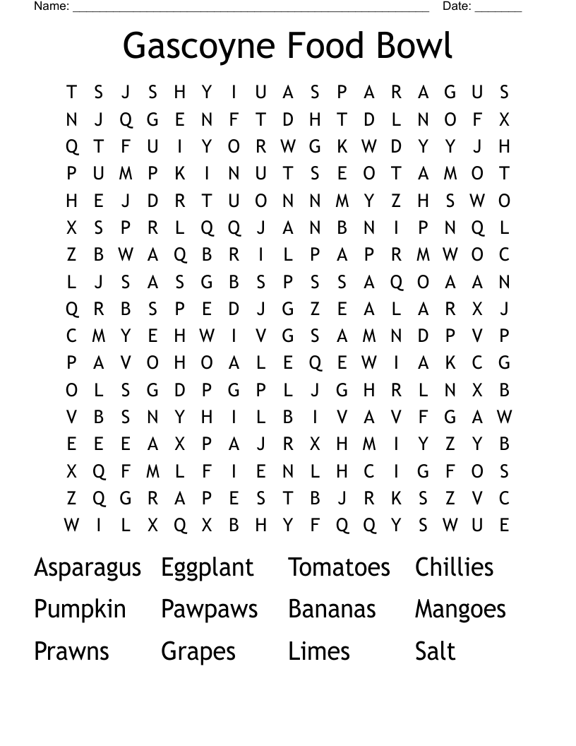 Gascoyne Food Bowl Word Search