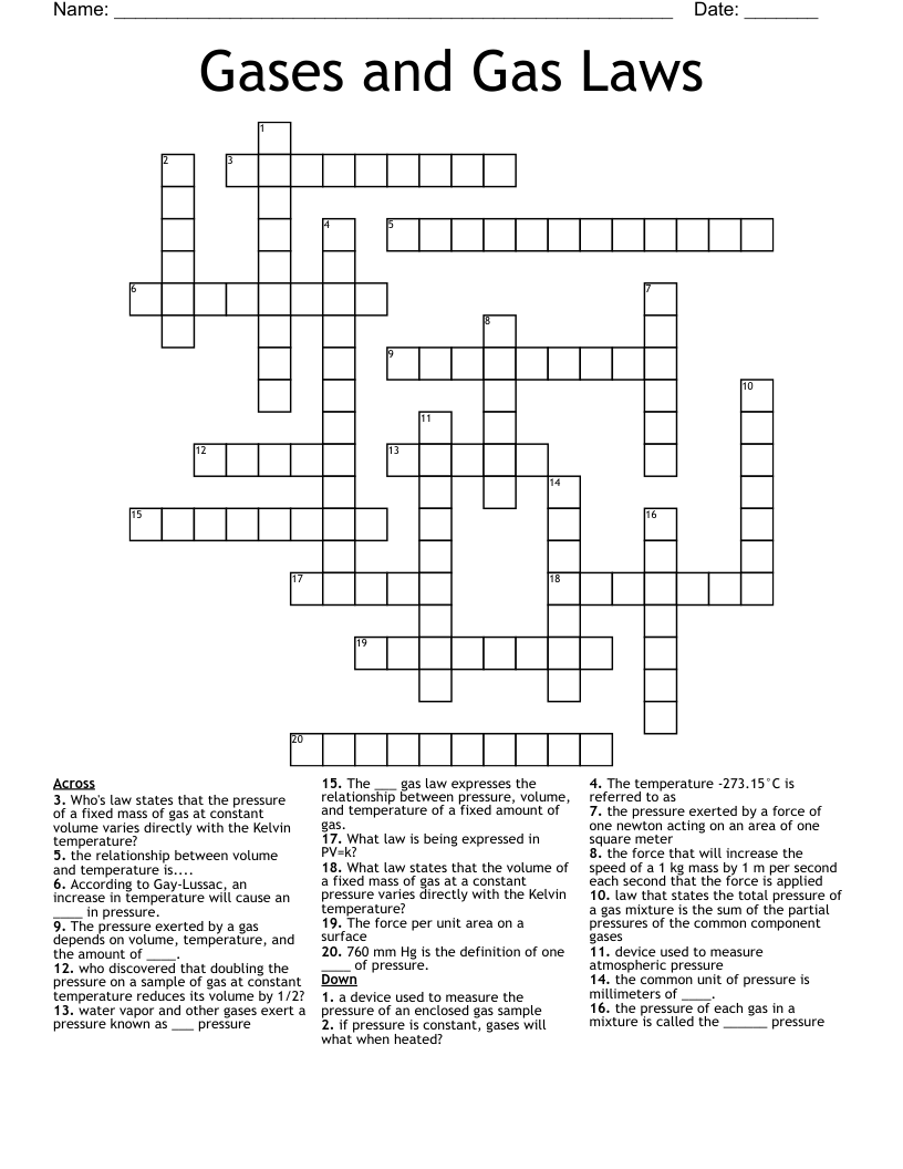 Gases and Gas Laws Crossword