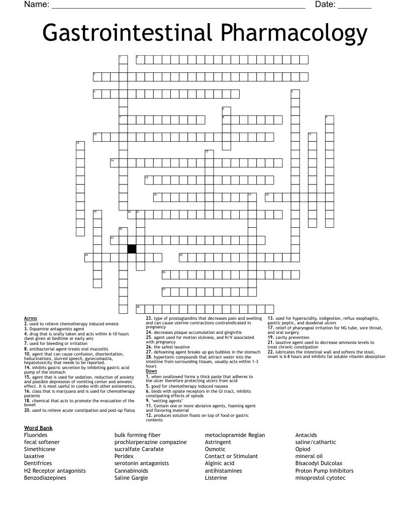 Gastrointestinal Pharmacology Crossword