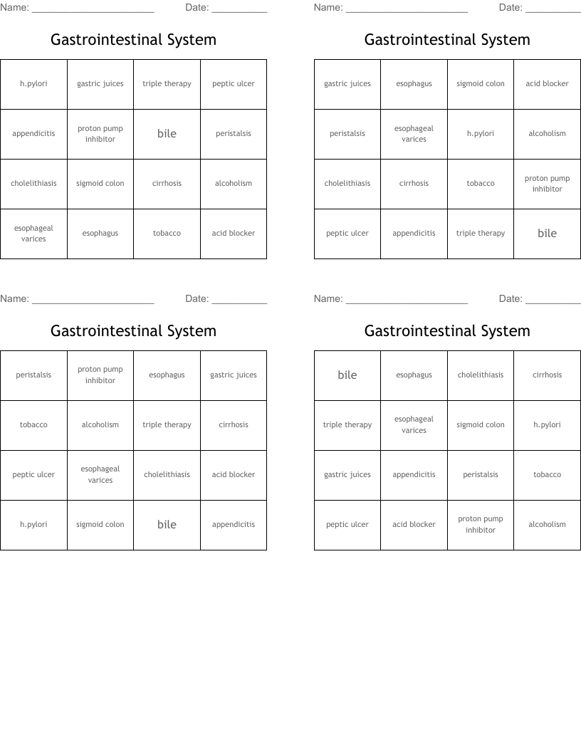 Gastrointestinal System Bingo Cards