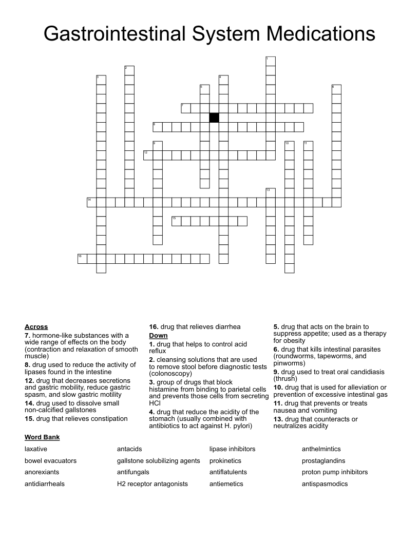 Gastrointestinal System Medications Crossword