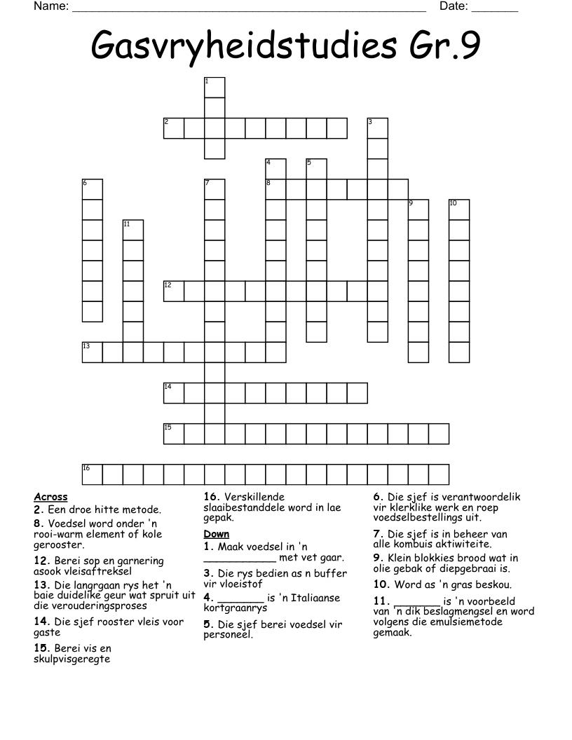 Gasvryheidstudies Gr.9 Crossword