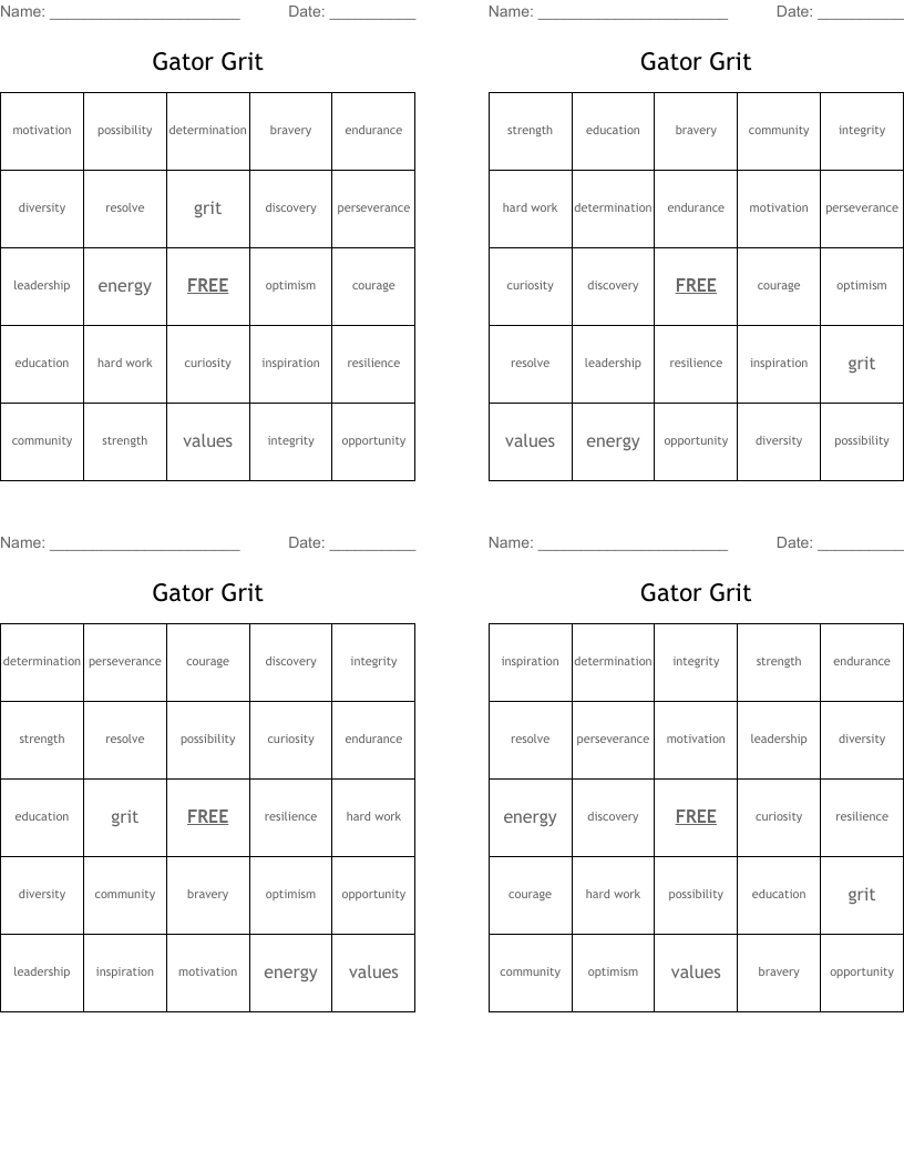 Gator Grit Bingo Cards
