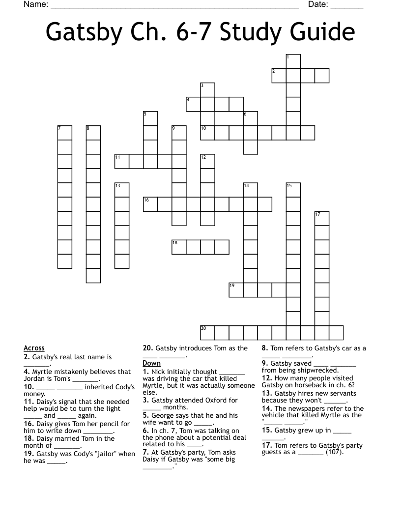 Gatsby Ch. 6-7 Study Guide Crossword
