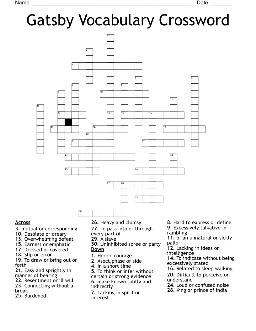 Gatsby Vocabulary Crossword