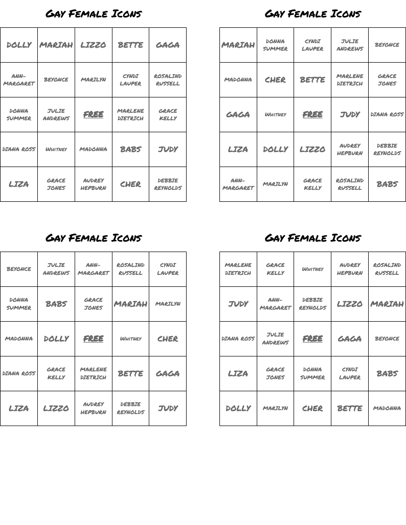 Gay Female Icons Bingo Cards
