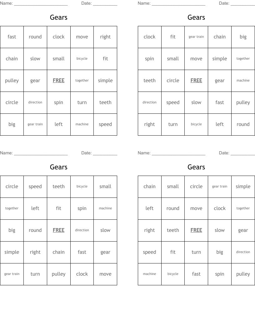 Gears Bingo Cards