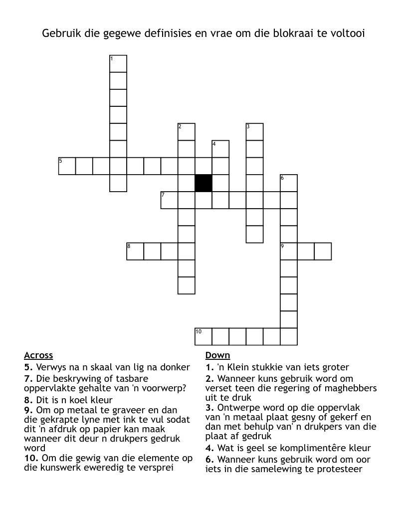 Gebruik die gegewe definisies en vrae om die blokraai te voltooi Crossword