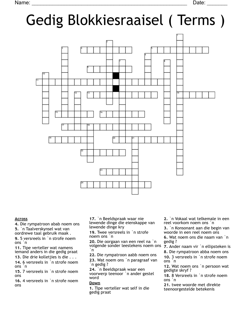 Gedig Blokkiesraaisel ( Terms ) Crossword